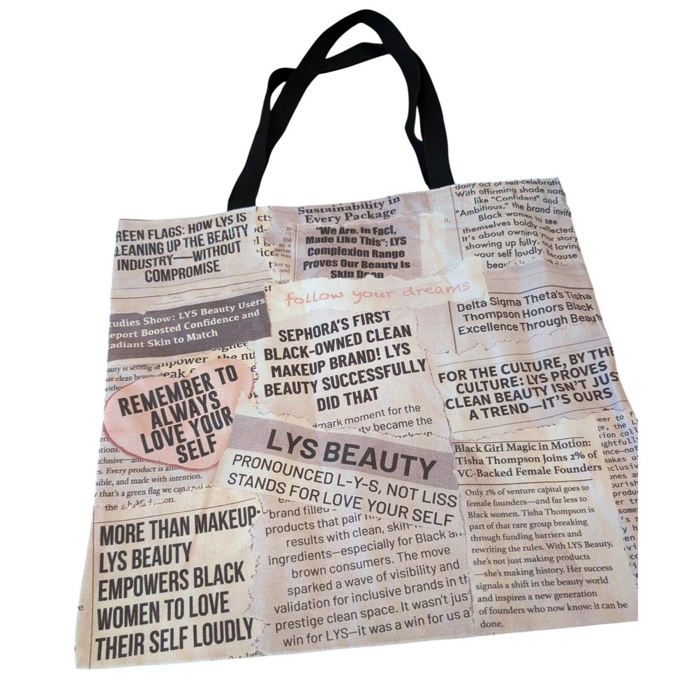 LYS Beauty Canvas Tote Bag Love Your Self Newspaper Print Tan Pink Black